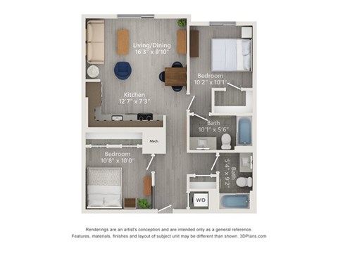 A floor plan of a small apartment with a kitchen, living room, and two bedrooms.